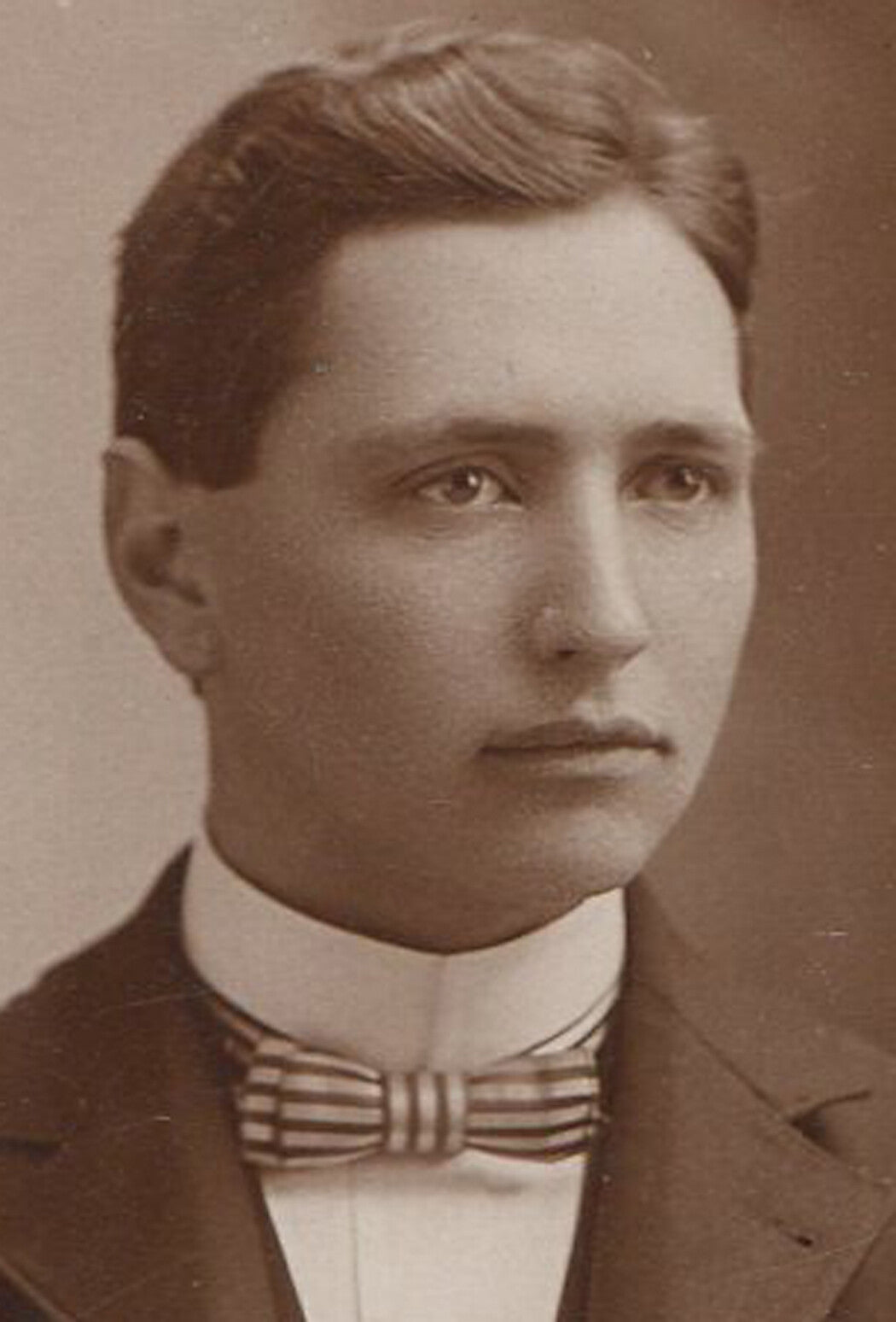 Vintage silver print photo: young man in checkerboard bow tie, toned, circa 1900 - 3x2 image in 4x3 folder
