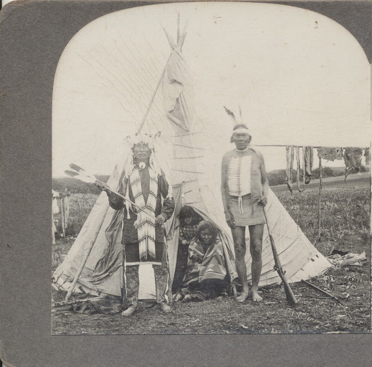 NATIVE AMERICANS IN TRADITIONAL CLOTHING W/ RIFLES TEEPEE