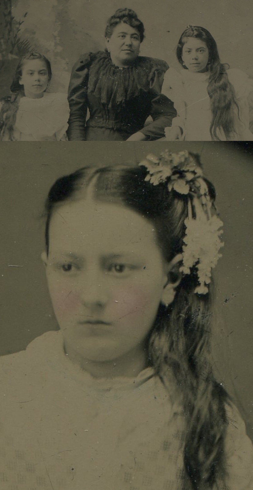 Vintage Tintypes - Mother with Long-Haired Daughters, 2-Photo Set, 3.5x2.5 in, Original Condition
