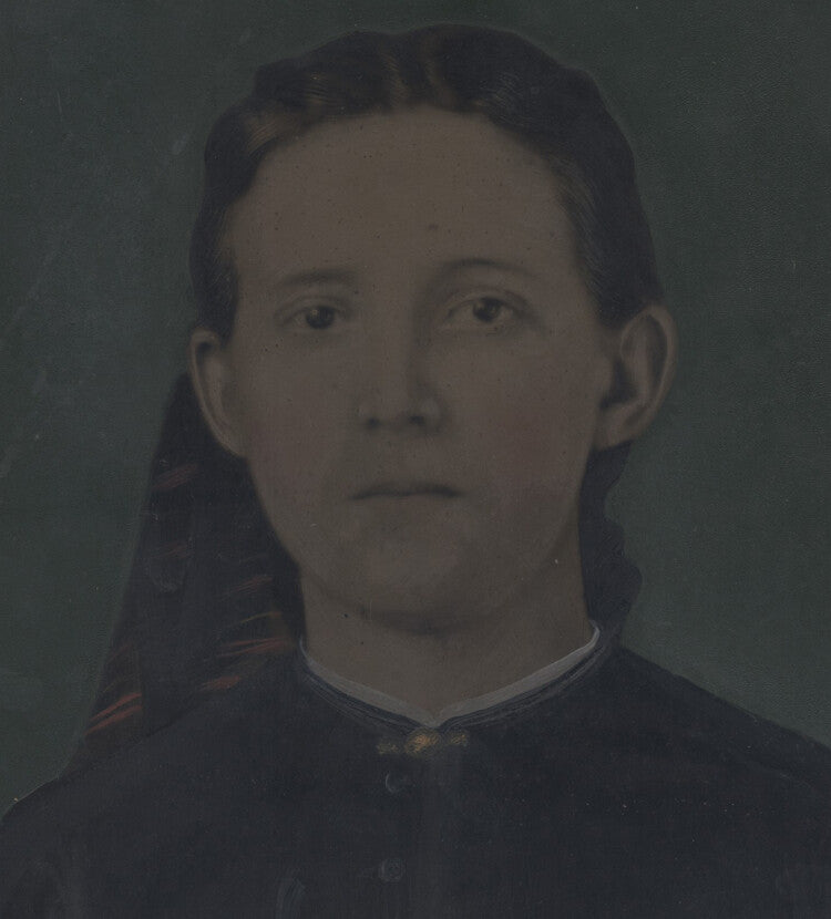 8X10 TINTYPE PORTRAIT OF SULLEN WOMAN W/ PAINTED DETAILS