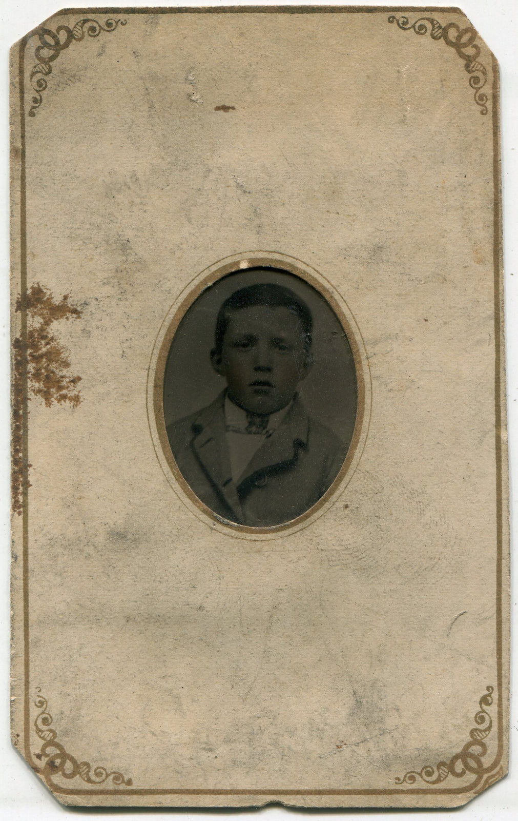 Tintype Portrait: Square Faced Boy on Period Paper Mat 4x2.5 in Vintage