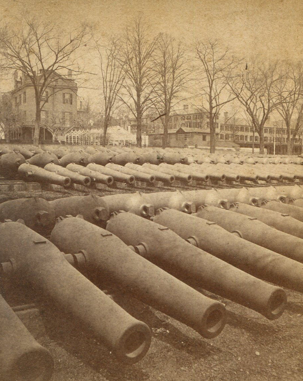 COMMANDANT HOUSE, BARRACKS, GUN PARK. U.S. NAVY YARD, BOSTON, MASS. STEREOVIEW.