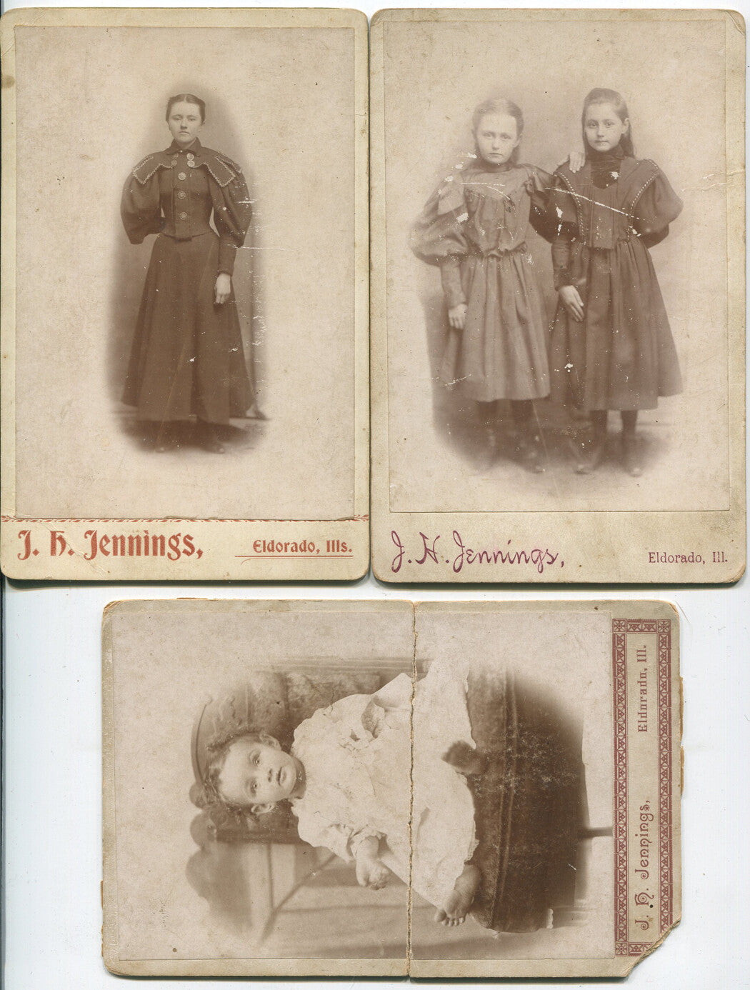 Vintage 3-Set Cabinet Card Portraits: Sisters & Girls from Eldorado, IL - Rare collectible photos for display