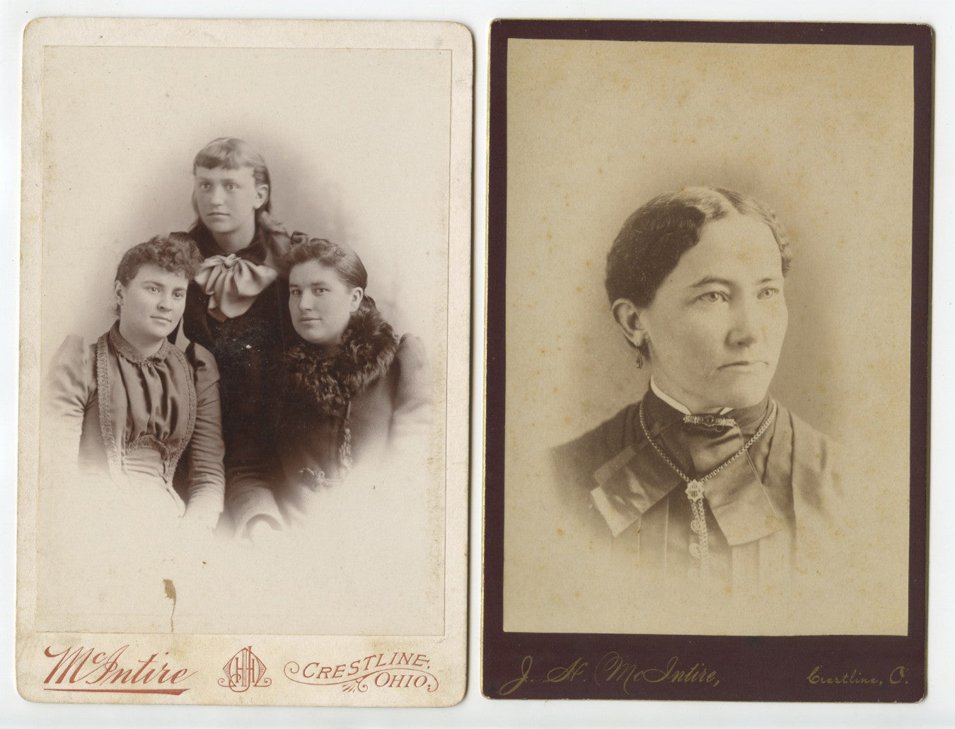 Vintage Set of 2 Cabinet Card Portraits -- Ladies from Crestline, Ohio 1886, Graphic Back, Original Photos