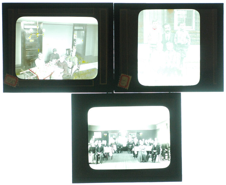 COLOR PHOTOS ON GLASS OF OLDER PEOPLE , QUILTING, AND MAN W/ CHILDREN - SET OF 3