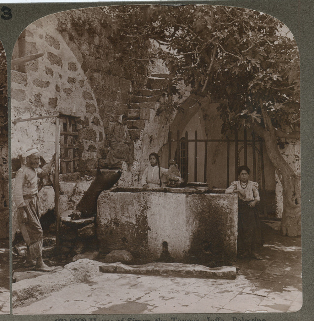 BEAUTIFUL PALESTINE HOUSE EXTERIOR, FAMILY IN FOREGROUND, VINTAGE STEREOVIEW