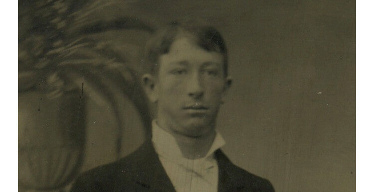 PAINTED BACKGROUND, 1/6 PLATE TINTYPE, MAN W/ WALKING STICK/NICE SUIT