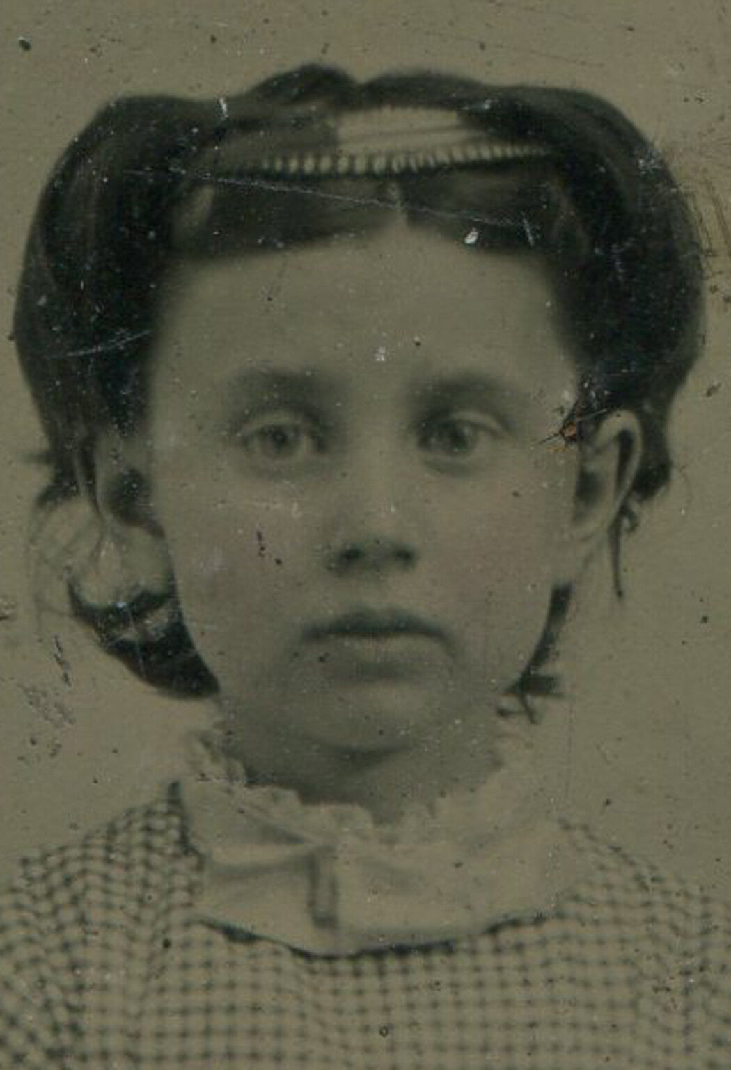 Vintage Tintype Photograph - Cute Little Girl in Checked Dress, 3.5x2.5 in