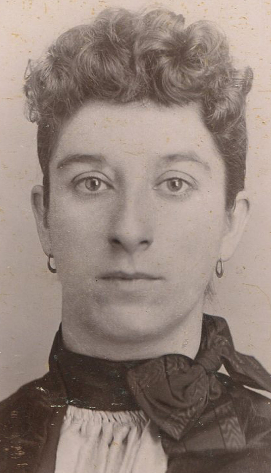 Vintage Cabinet Card Photo: Heavy Featured Woman, Curly Top Hair, Big Neck Bow Portrait