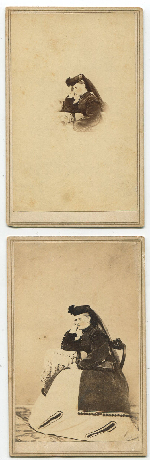 REGAL LOOKING WOMAN, SEATED POSE. TINTED CDV, 2 SET/ONE TAX STAMP. EASTON, PA.