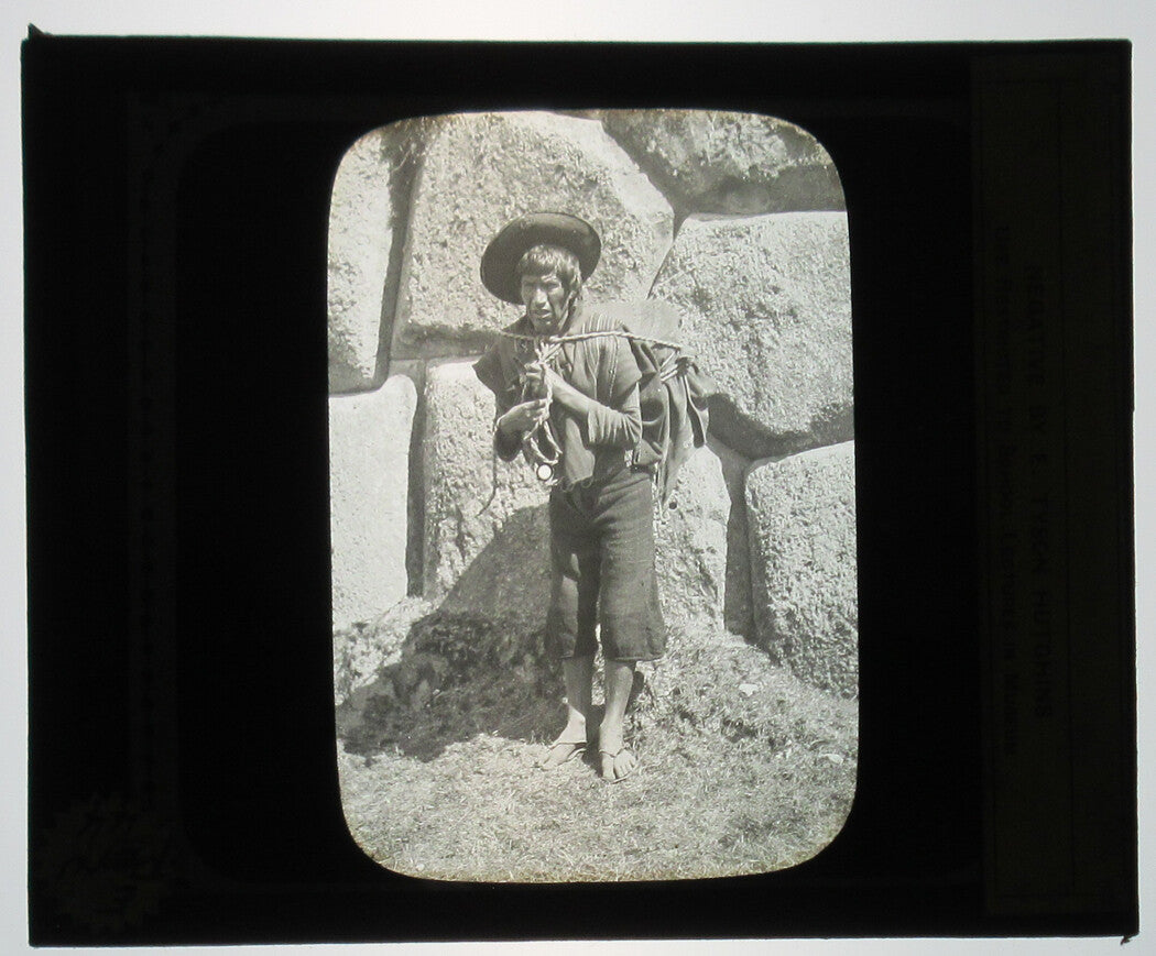 Vintage Indigenous Peruvian Man Carrying Sack Photo on Glass Lantern Slide - 3.25x4in, Old Photo, Collectible