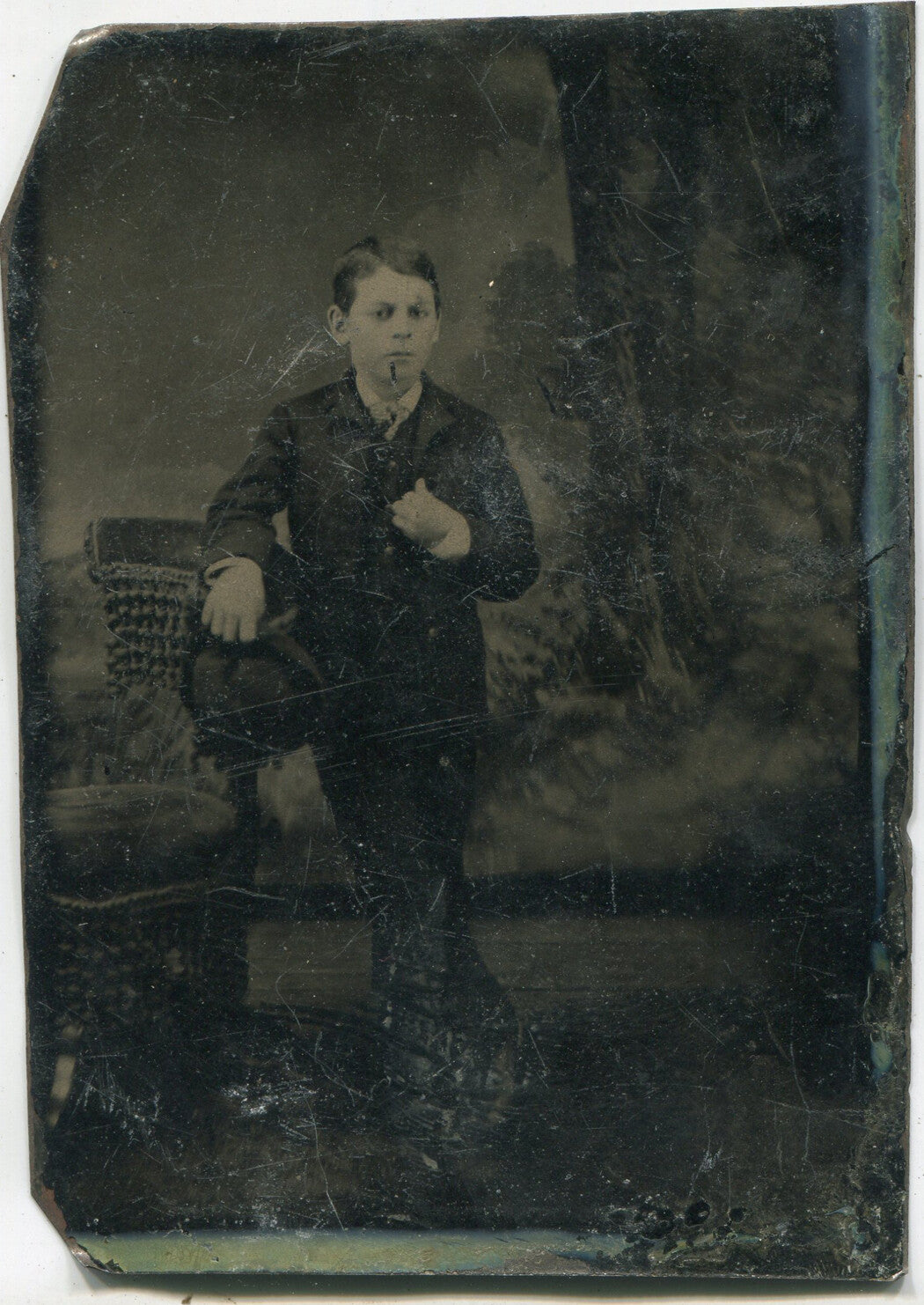 Tintype Photo Boy Confidently Posed with Hat in Lapel Vintage Portrait
