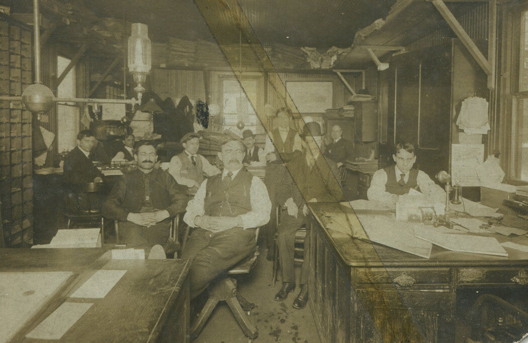 OCCUPATIONAL, MEN IN 1900 OFFICE SETTING. 5 X 8 INCH SILVER PRINT.