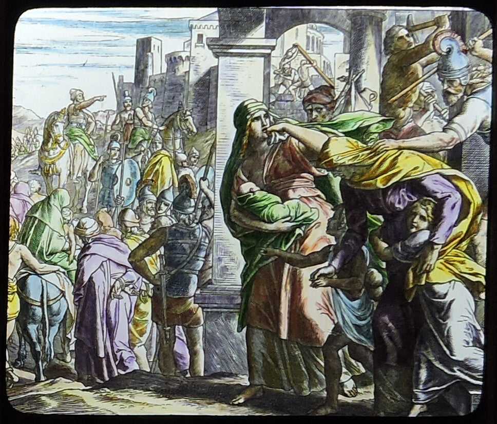 PHOTO ON GLASS VINT ORIGINAL, CHRISTIAN ART OLD TESTAMENT BIBLICAL SCENE COLOR