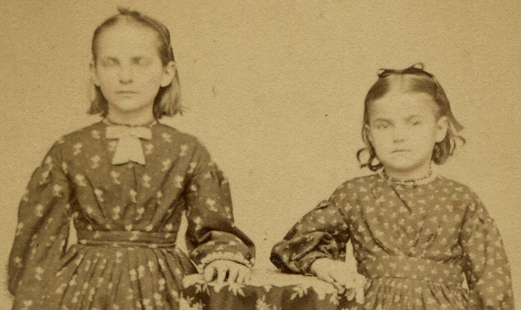 SISTERS IN PRINTED DRESSES, STANDING POSE. CDV. EASTON, PA.