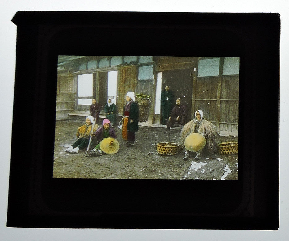 TOKYO, JAPAN, PHOTO ON GLASS, HAND COLORED, PEOPLE IN TRADITIONAL DRESS SMILING