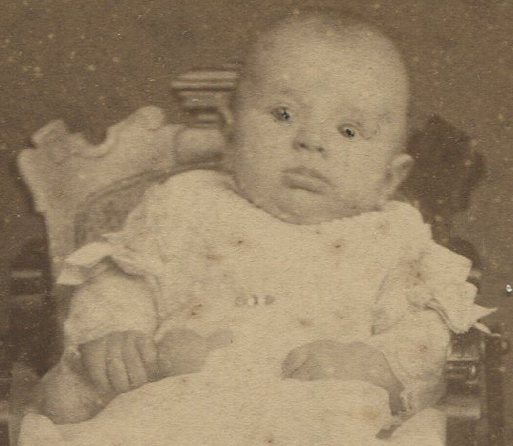 Vintage cabinet card photo: Cute authoritarian baby portrait, quirky world domination theme