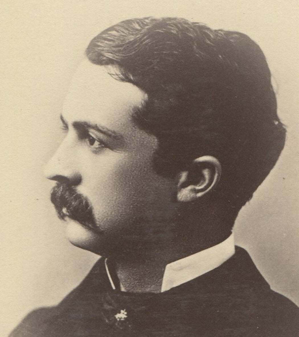 Vintage cabinet card portrait: Handsome dark-haired man with mustache in profile, original photo