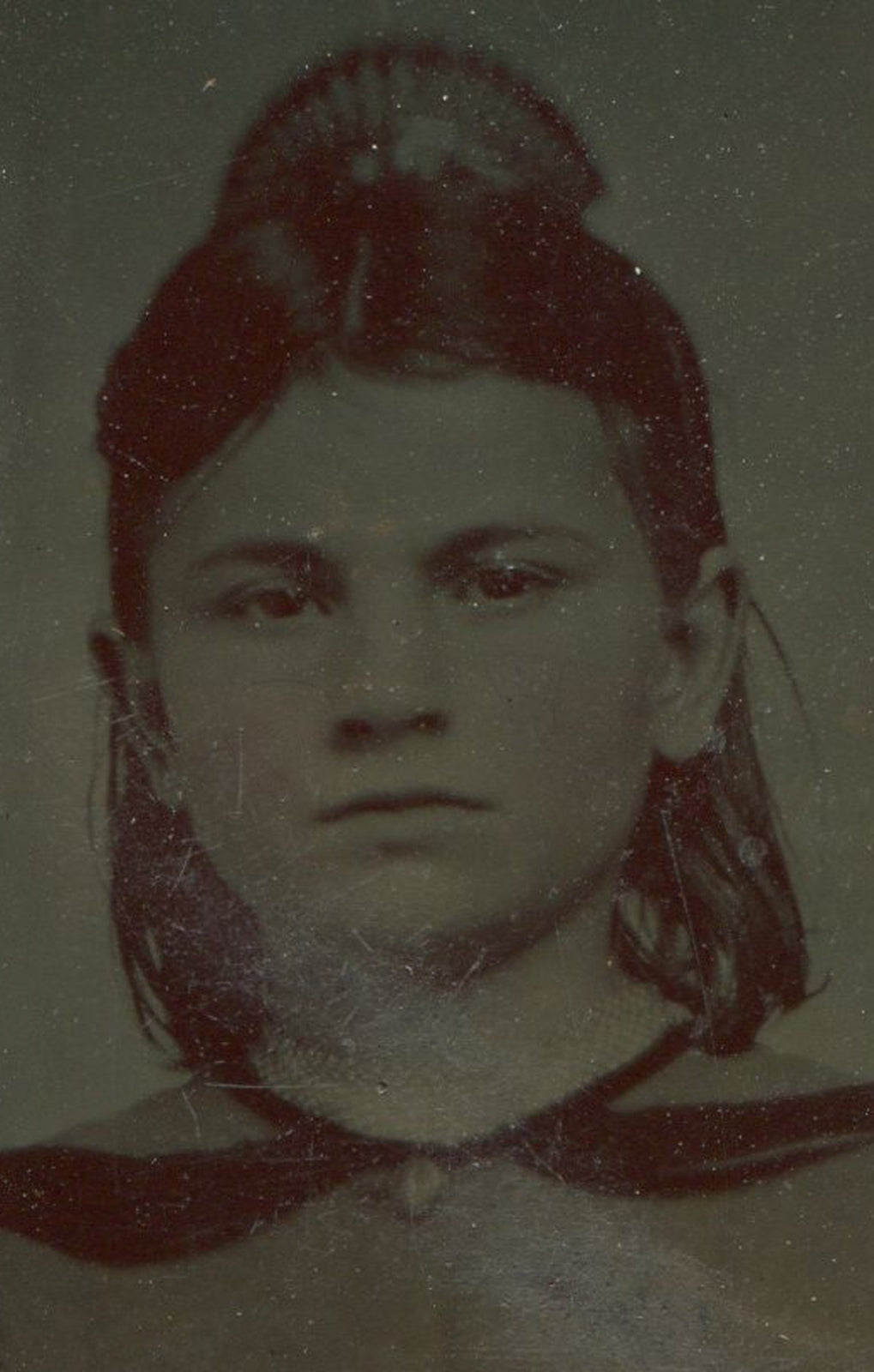 Tinted Tintype Photo: Young Girl with Big Hair on Period Paper Mat 4x2.5 in