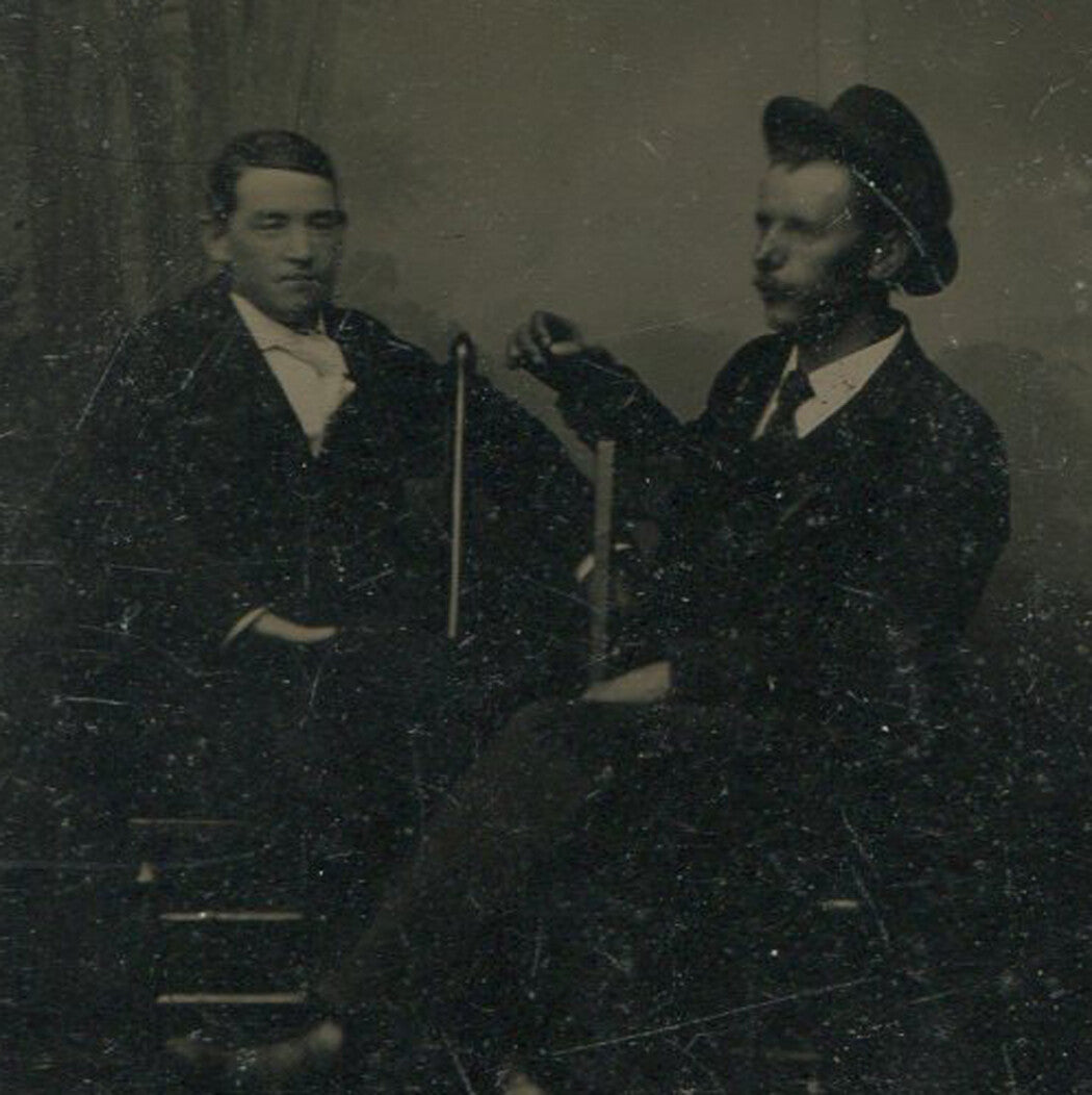 MEN HOLDING VIOLIN BOW AND CONDUCTOR BATON. TINTYPE. RARE.
