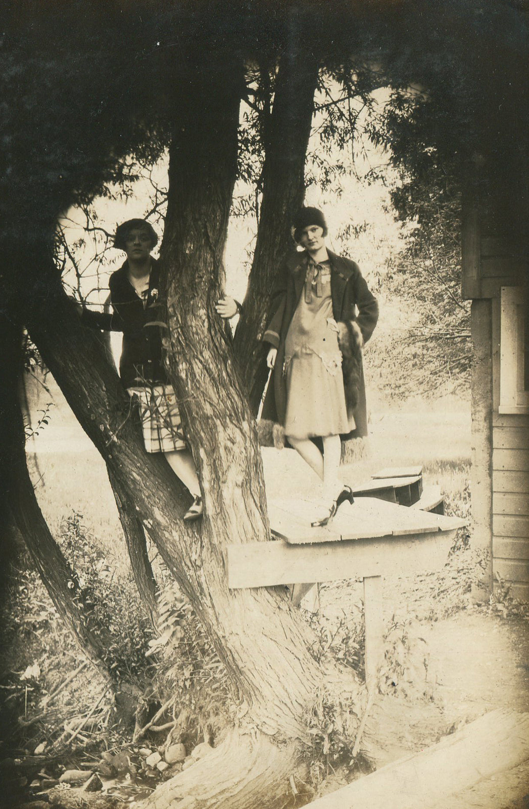 Vintage 1930s Black & White Photos - Women in Period Dress in Tree House, 4-Photo Set on Mounted Album Pages