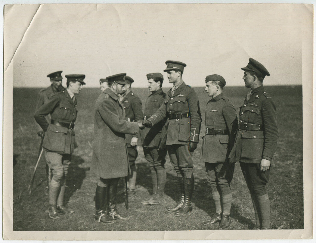 WWI, BRITISH TROOPS REVIEWED BY KING GEORGE. TROOPS IN DRESS AIR CORE UNIFORMS.