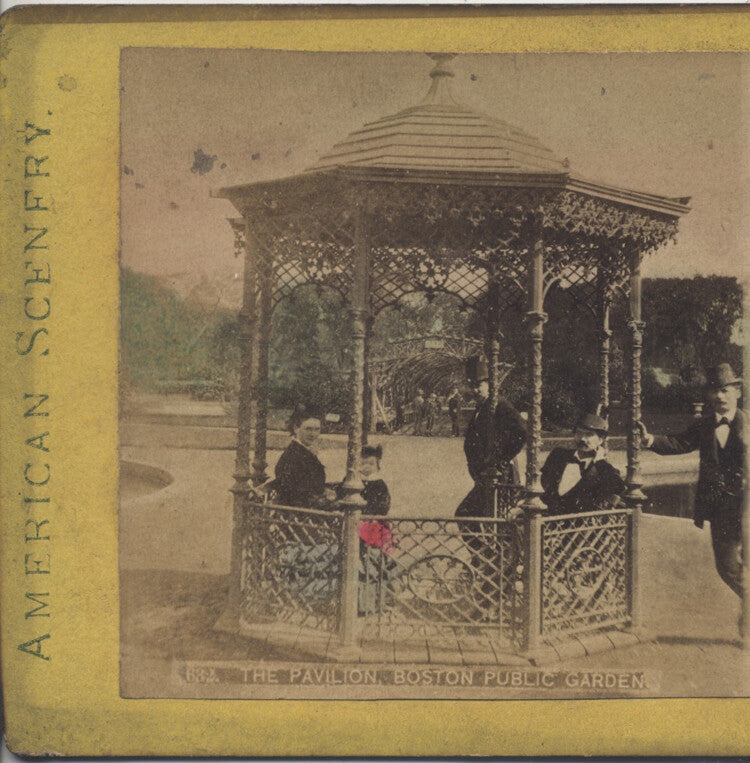 STEREOVIEW OF PEOPLE IN PAVILION AT BOSTON, MASS PUBLIC GARDEN