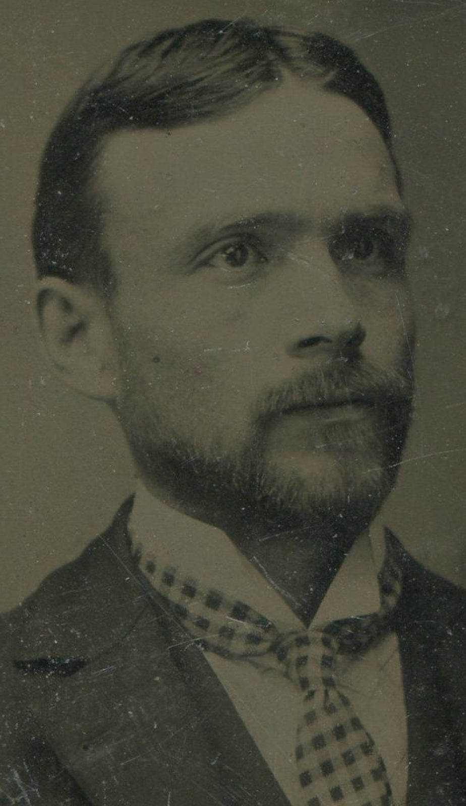 Tintype Portrait of Man With Close Beard and Checked Tie, Vintage Photo