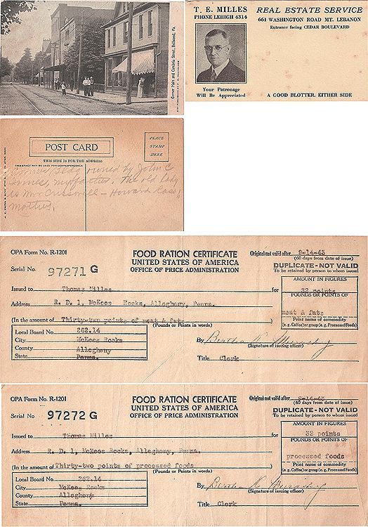 VINTAGE AMERICANA, LETTERS, RATION CERTIFICATES AND POST CARDS ALLEGHENY PA.