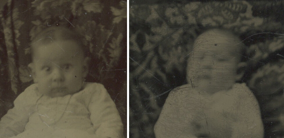 BABY, SET OF 2 TINTYPE PORTRAITS, 1/6 PLATE