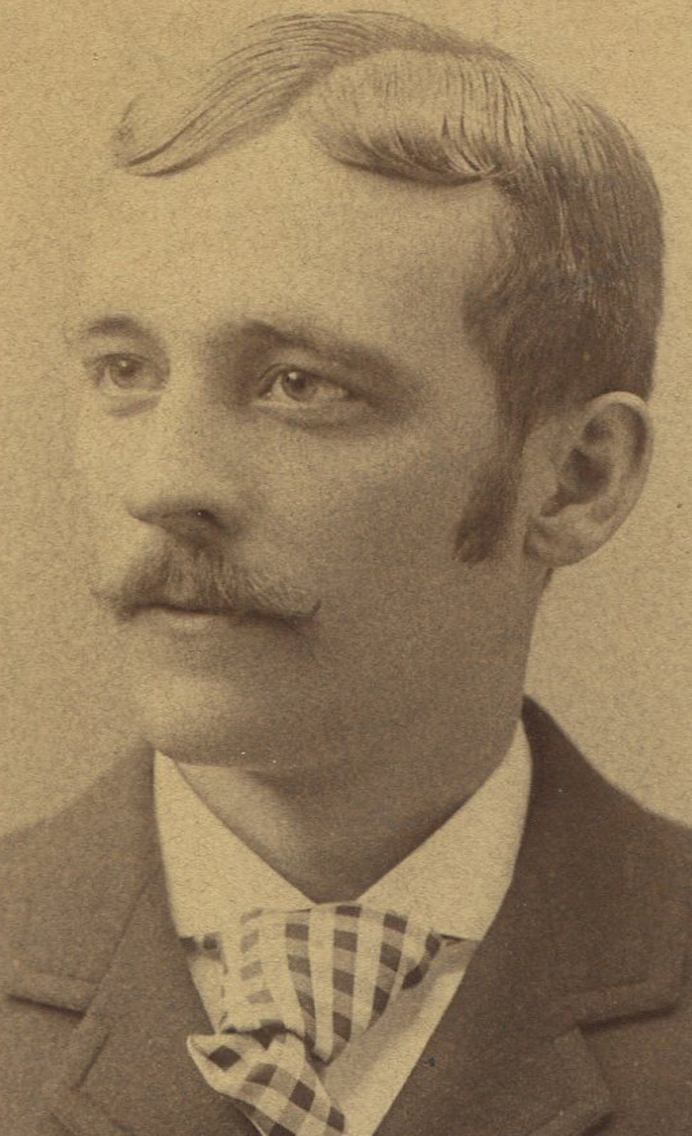 Vintage cabinet card photo: Man with mustache, check tie - Spencer MA studio portrait, original photo, wall art