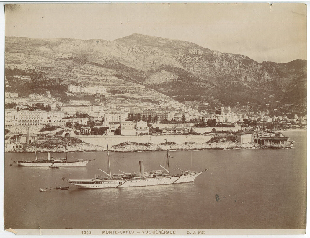 MONTE-CARLO WITH STEAM/SAIL BOATS OFF COAST. 8 X 10.5 INCH ALBUMEN CIRCA 1890.