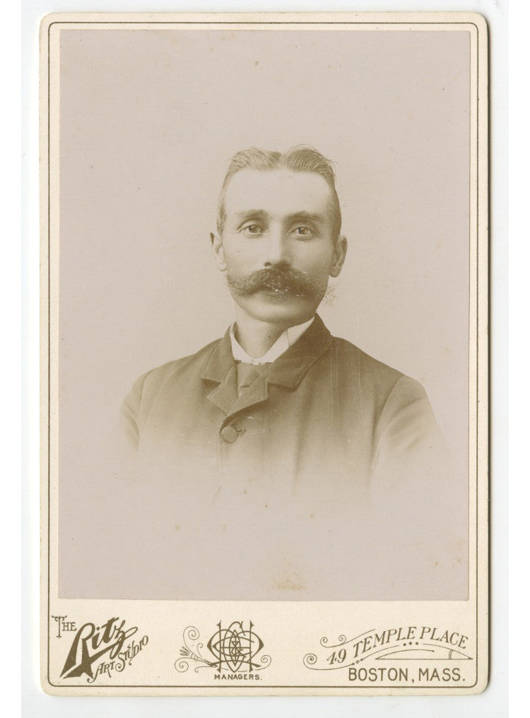 CAB CARD PHOTO MAN W/ GREAT MOUSTACHE FROM BOSTON, MASS, GRAPHIC BACK