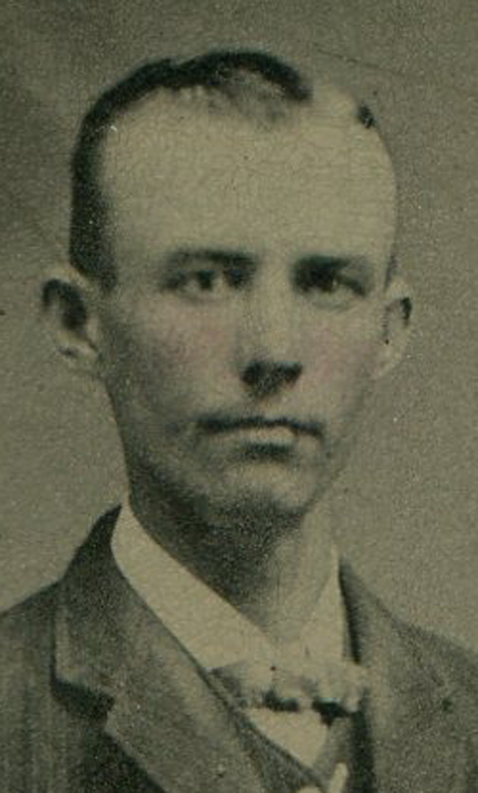 THIN MAN, STANDING POSE, BOW TIE, HIPSTER VEST. PAINTED BACKGROUND TINTYPE.
