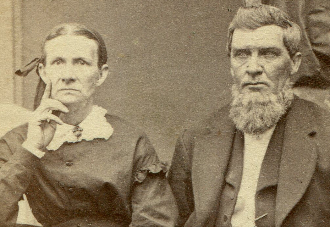 OLD COUPLE, WOMAN DEEP IN THOUGHT ABOUT HUSBANDS BEARD. CDV. PEORIA, ILL.