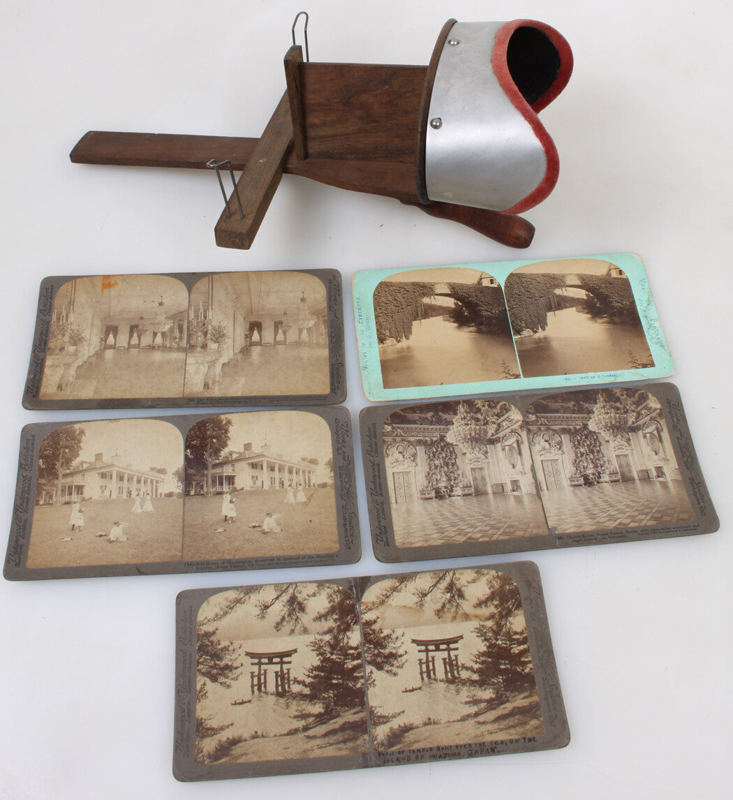 STEREOSCOPE AND STEREOVIEWS. METAL AND WOOD WITH VELVET TRIM VIEWER.