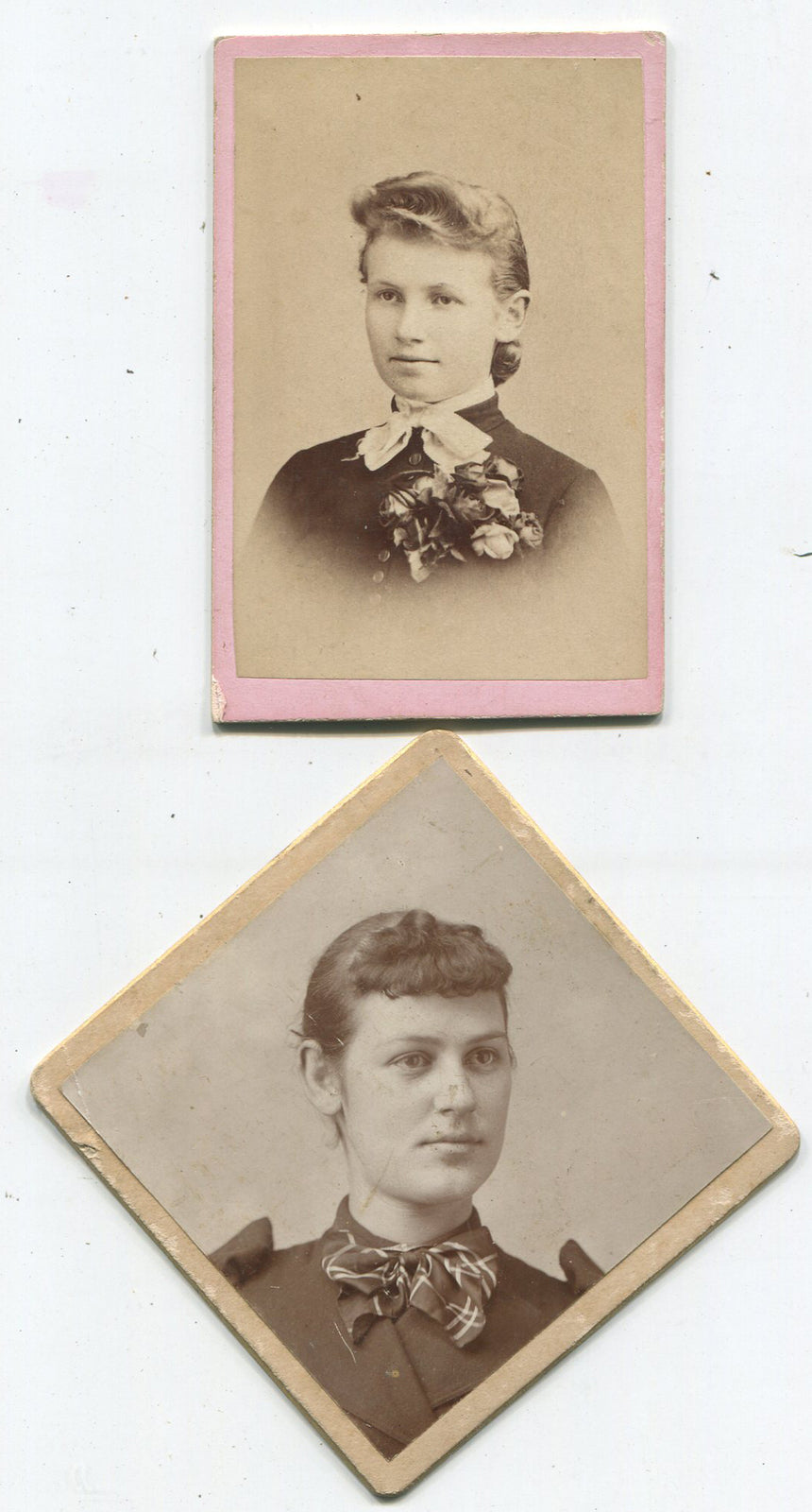 WOMEN WITH BIG BOW TIES, STOIC EXPRESSIONS. 2 SET SMALL 1890-1900 PRINTS.