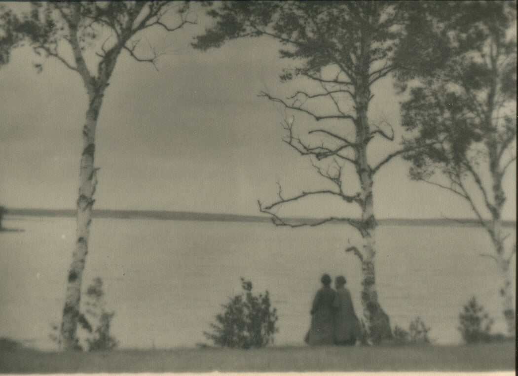 PHOTO PICTORIAL, LANDSCAPE AND WOMAN AT WATERS EDGE. 11 X 14 INCH SILVER PRINT.