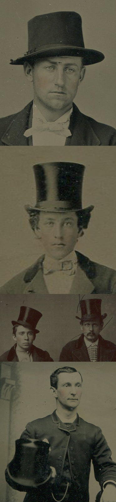 HANDSOME MEN HOLDING AND WEARING TOP HATS. TINTYPES, FOUR SET.