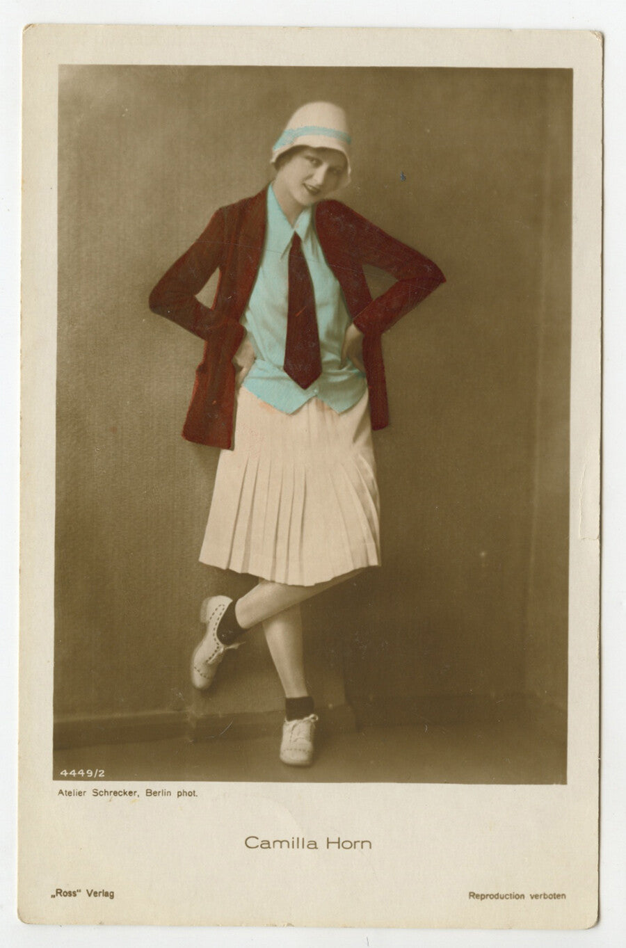HAND TINTED PHOTO LADY NAMED CAMILLA HORN INFO ON BACK BY SCHRECKER, BERLIN