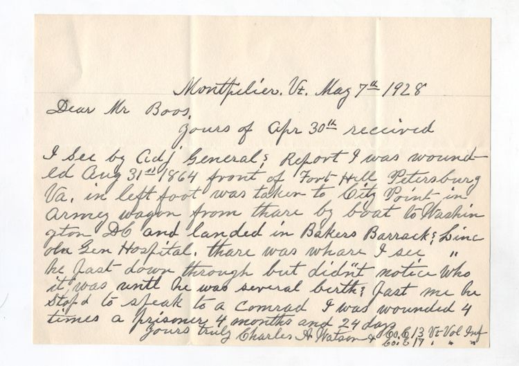 ORIGINAL 1928 LETTER FROM CHARLES WATSON ABOUT HIS TIME DURING THE CIVIL WAR