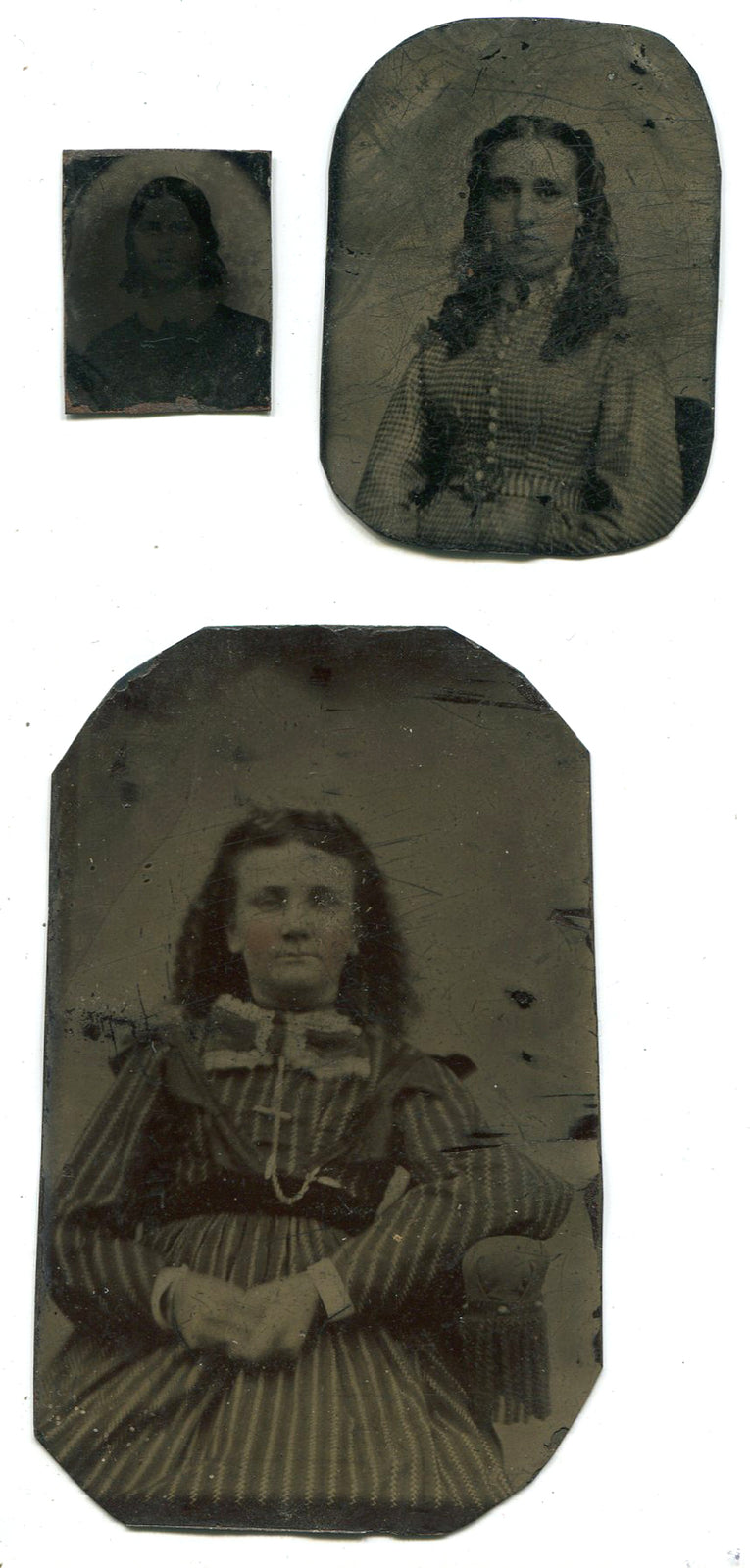 WOMAN WITH LONG FRIZZY HAIR, STRIPPED DRESS. 3 SET TINTYPE.