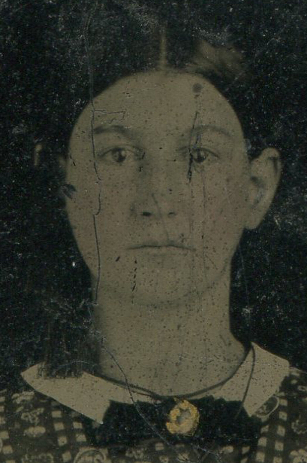 Tintype Photograph Woman Seated Pose Busy Print Dress Photo Vintage