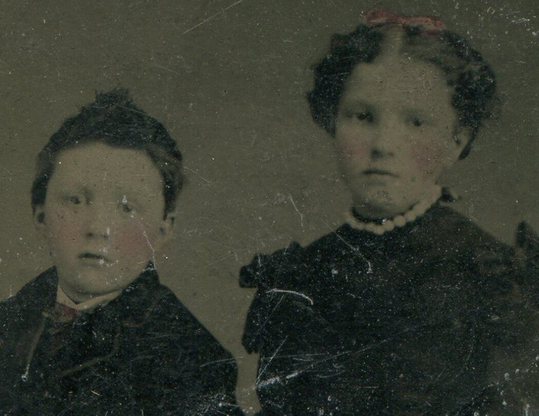 Vintage Tintype Photograph: Young Sisters Irritated Expression 3.5x2.5 Rare