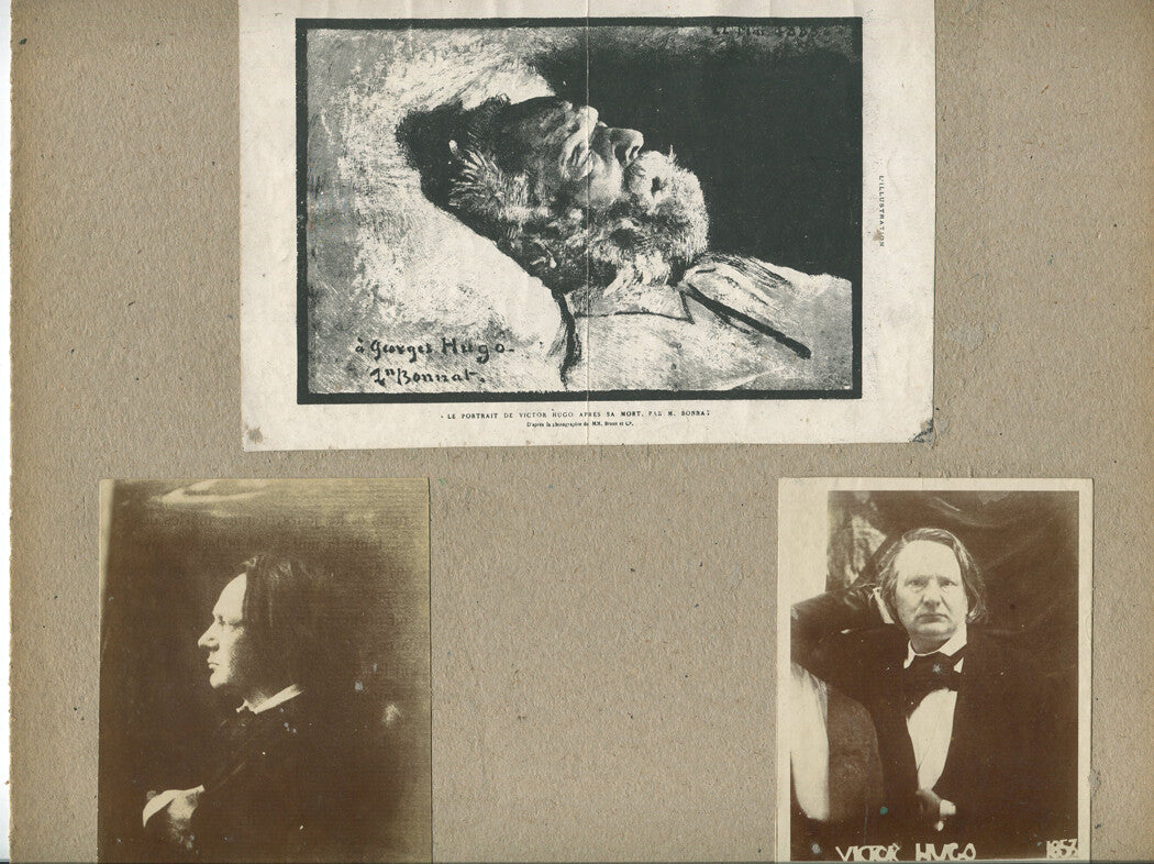VICTOR HUGO, FRENCH AUTHOR. TWO PHOTOS AND ONE LITHOGRAPH ON BOARD. 1800.
