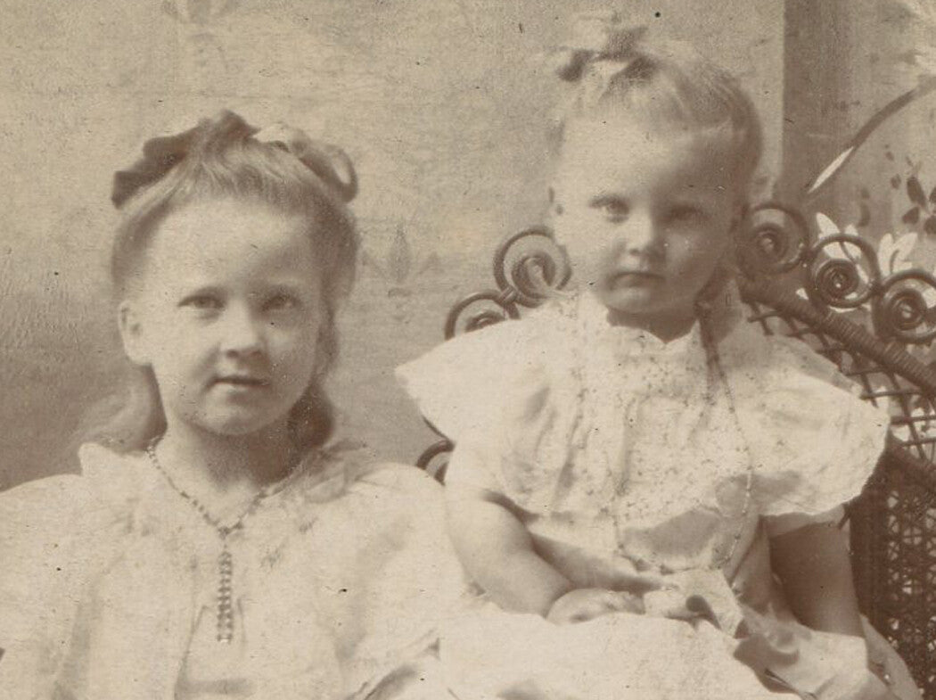 Vintage cabinet card photo: two young sisters in white dresses, original early portrait for wall decor and collection