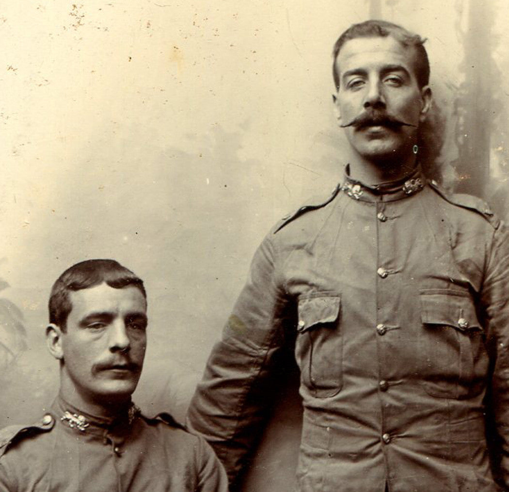 MILITARY MAN IN UNIFORM, MUSTACHES, STOIC. CABINET CARD.