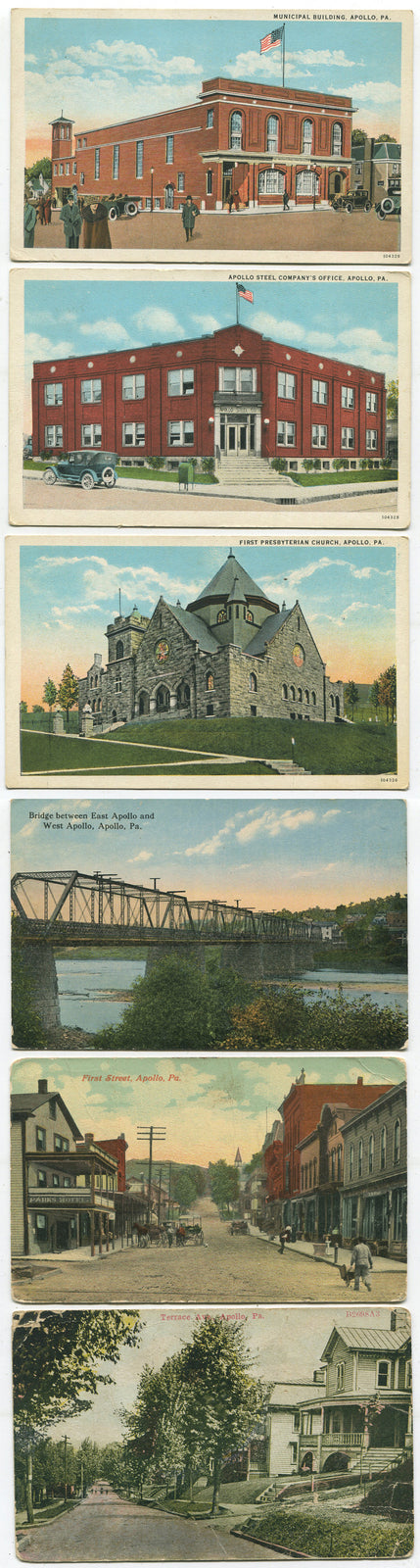 APOLLO, PA. LITHOGRAPHIC POST CARDS. ARCHITECTURAL SCENES. 6 SET.