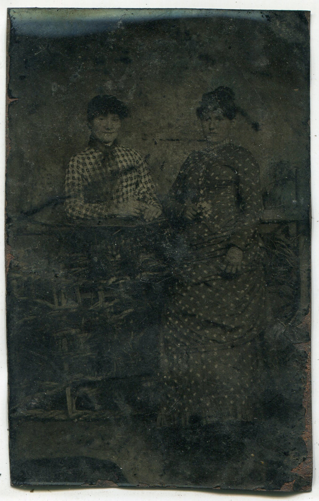 Tintype Photograph Two Women Standing with Hands Folded, Vintage Portrait
