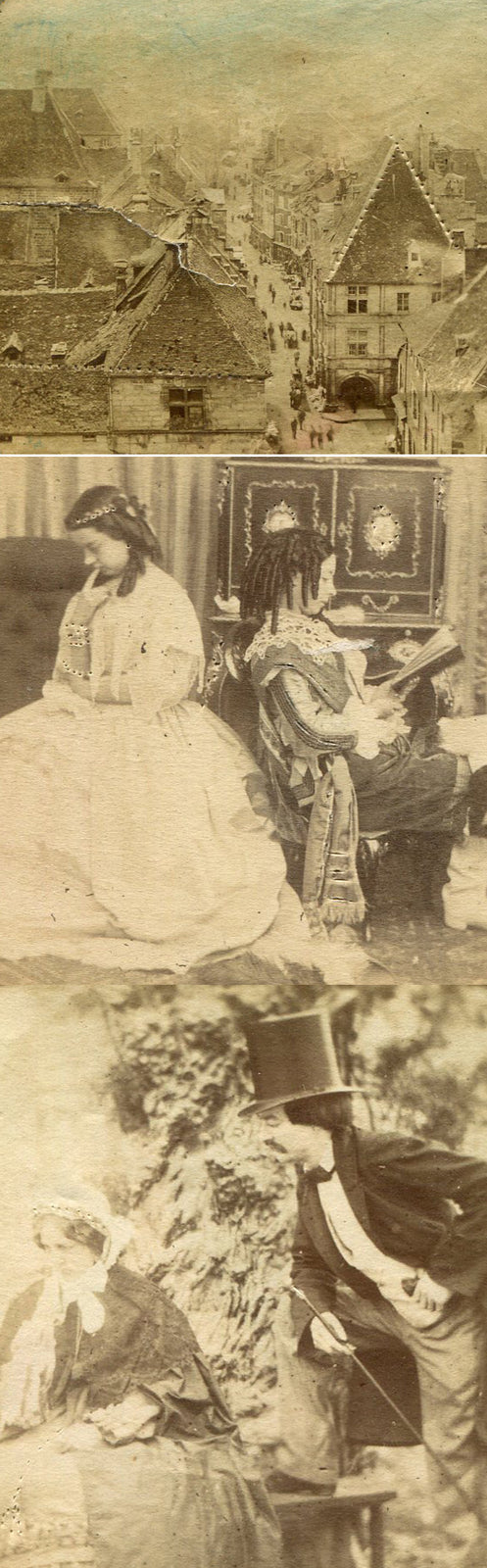 DOMESTIC SCENES, STREET SCENE. HAND TINTED STEREO TISSUE. 3 SET.